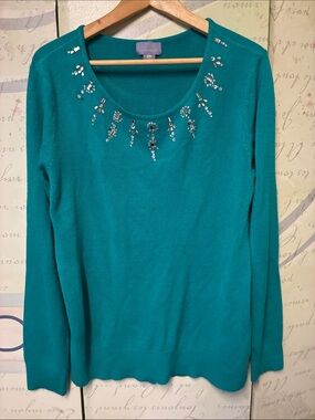 Laura Scott  Teal Jewel-Embellished Scoop Neck Sweater SZ XL